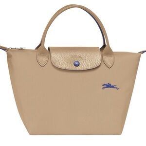 Longchamp Tan Tote short handle with Blue Accents